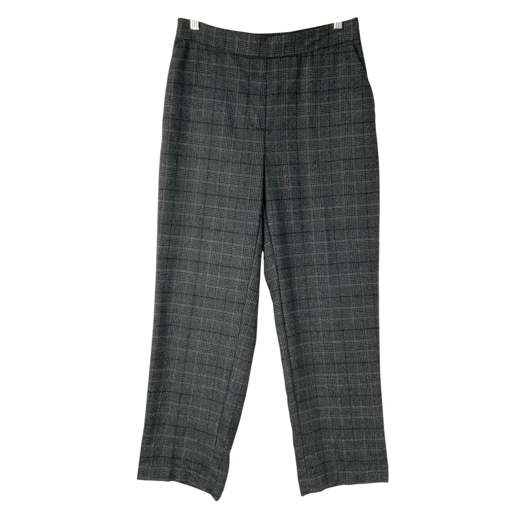 Zara Basic Gray Plaid Trousers S Pull On High Rise Straight Leg Elastic Back